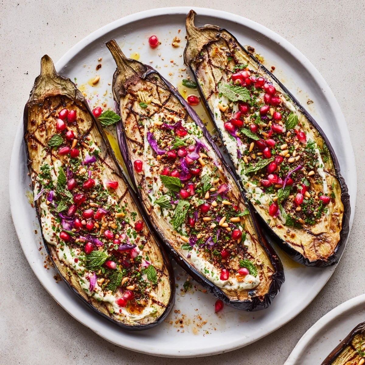 Close-up of Roasted Eggplant with pomegranate; the eggplant looks tender, vibrant with fresh herbs and a tangy yogurt sauce.