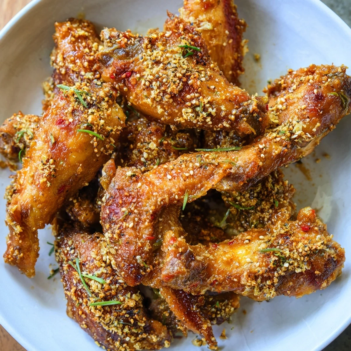 Golden brown Crispy Honey-Chili Glazed Chicken Wings glistening with a sweet and spicy sauce.