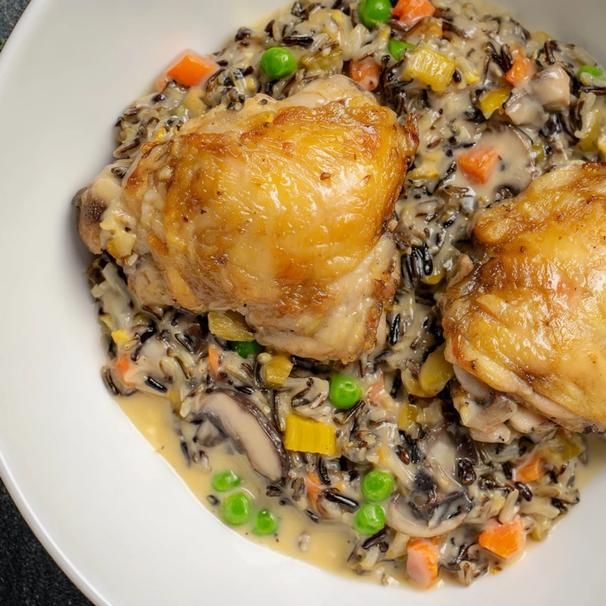 Showcasing the hearty All-in-One Pan Creamy Chicken and Wild Rice, brimming with creamy sauce and veggies.