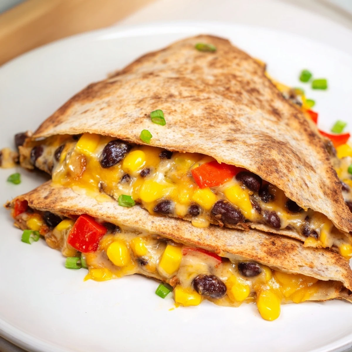 Warm, golden Quick Black Bean and Corn Quesadillas, brimming with melted cheese and savory filling ingredients.