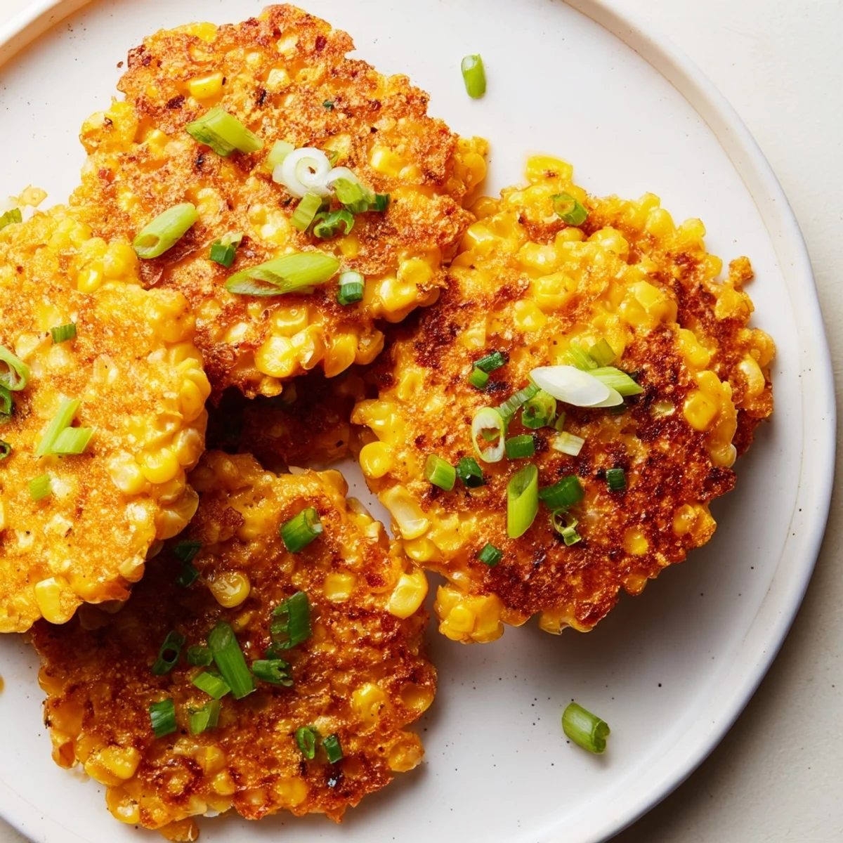 Golden corn and cheddar fritters, crispy and golden brown, are served with fresh herbs on top.