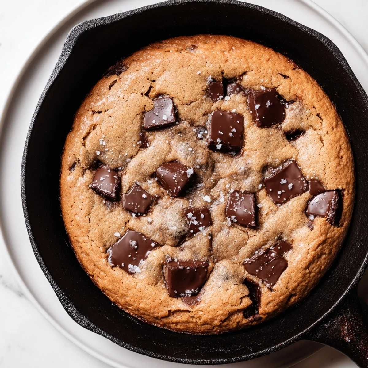 Warm chocolate chunk skillet cookie, glistening with melty chocolate, ready to be scooped and devoured warm.