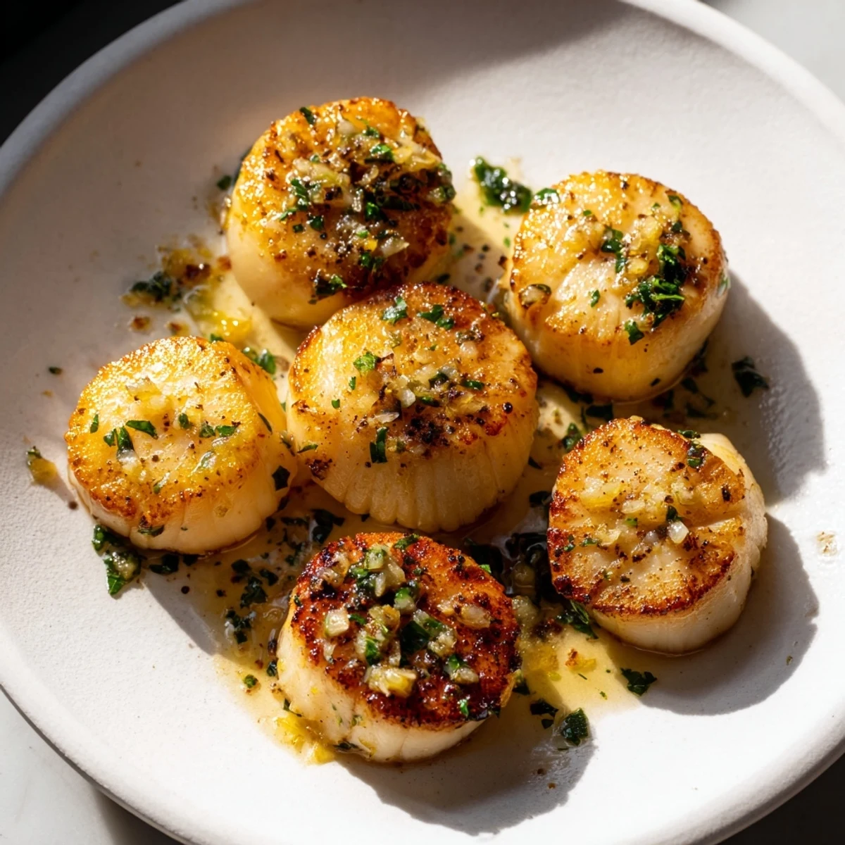 Golden-brown, pan-seared scallops glistening with garlic butter, served with fresh parsley for a flavorful meal.