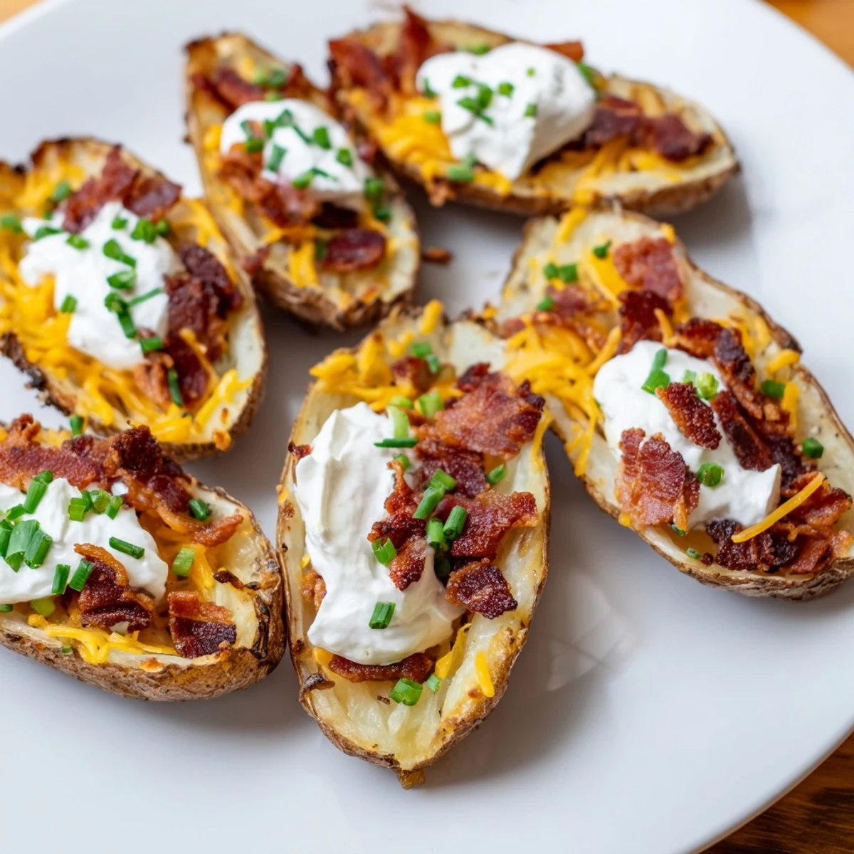 Golden, cheesy Crispy Air-Fryer Potato Skins with crispy bacon and cool sour cream, an amazing appetizer.
