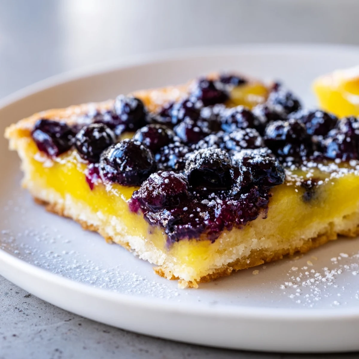 Golden-brown Decadent Lemon Curd and Blueberry Squares, perfect for enjoying after dinner with tea.