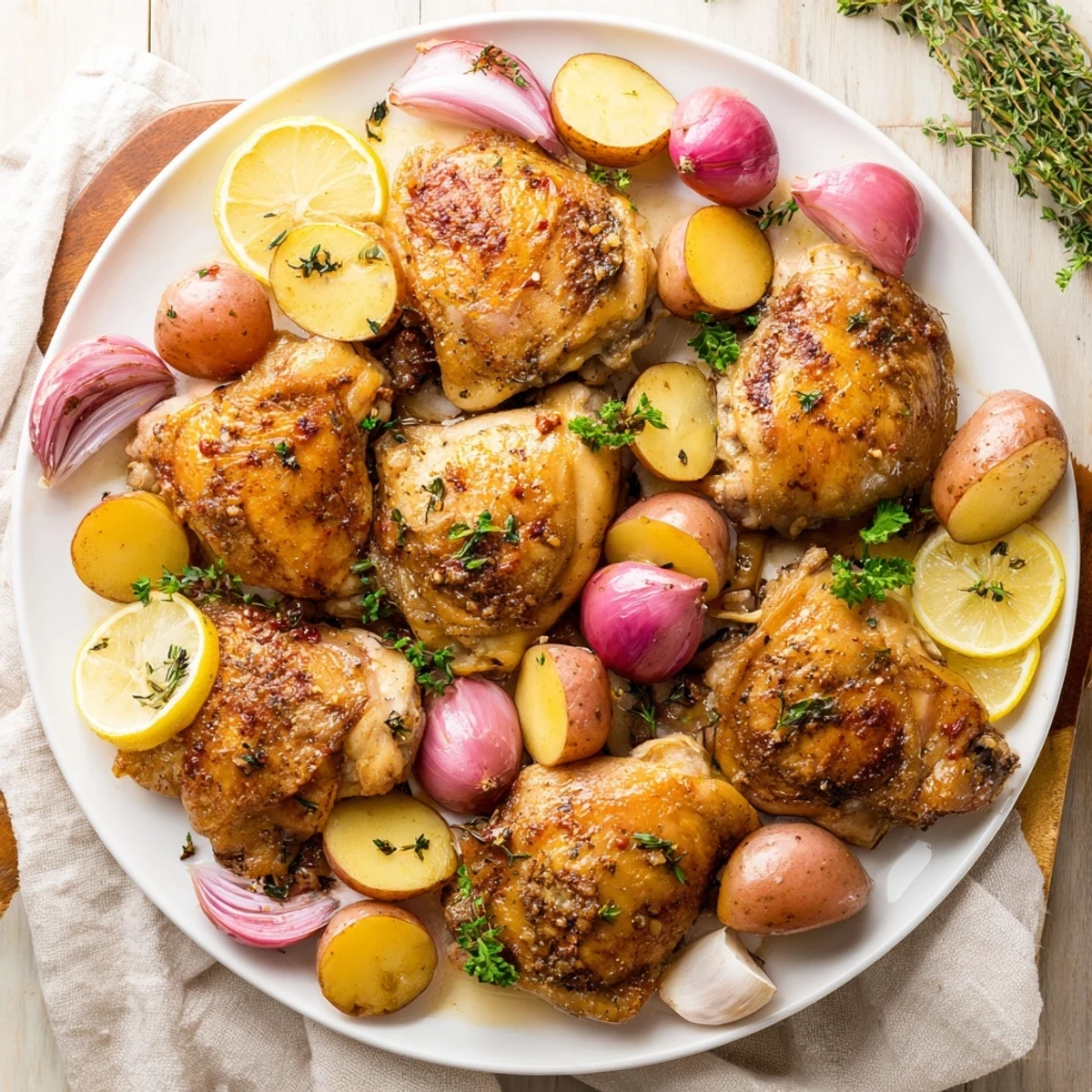 Golden, crispy one-dish baked chicken thighs with tender potatoes and bright lemon slices.