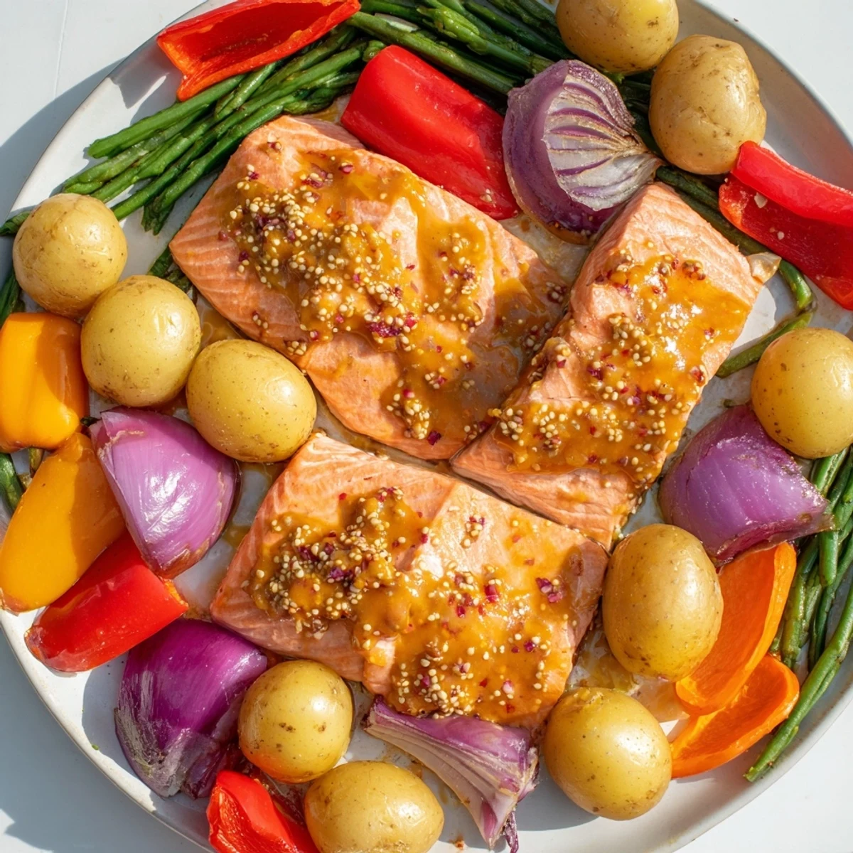 Golden-brown, one-tray baked salmon with honey mustard sauce, served alongside perfectly roasted vegetables.