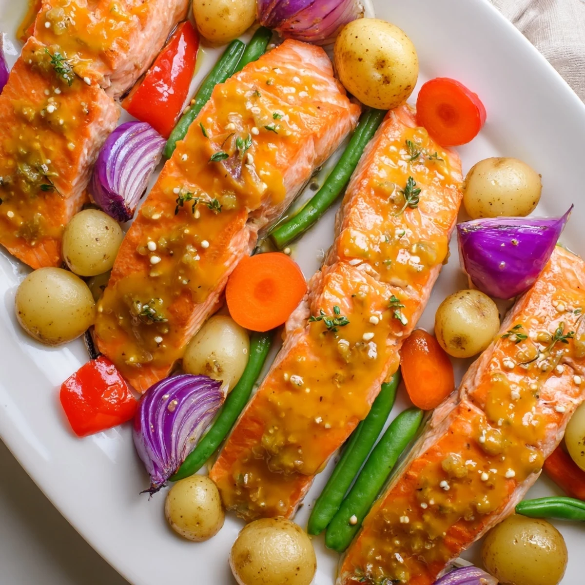 Close-up of flaky one-tray baked salmon with honey mustard sauce glistening, surrounded by roasted veggies.