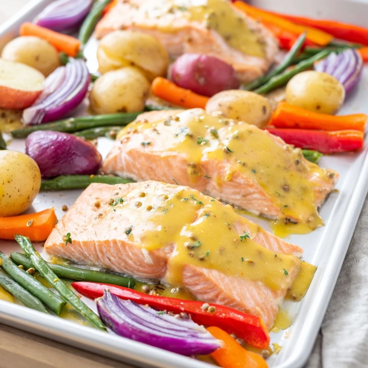 Vibrant image of a delicious one-tray baked salmon with honey mustard sauce, ready for a flavorful dinner.