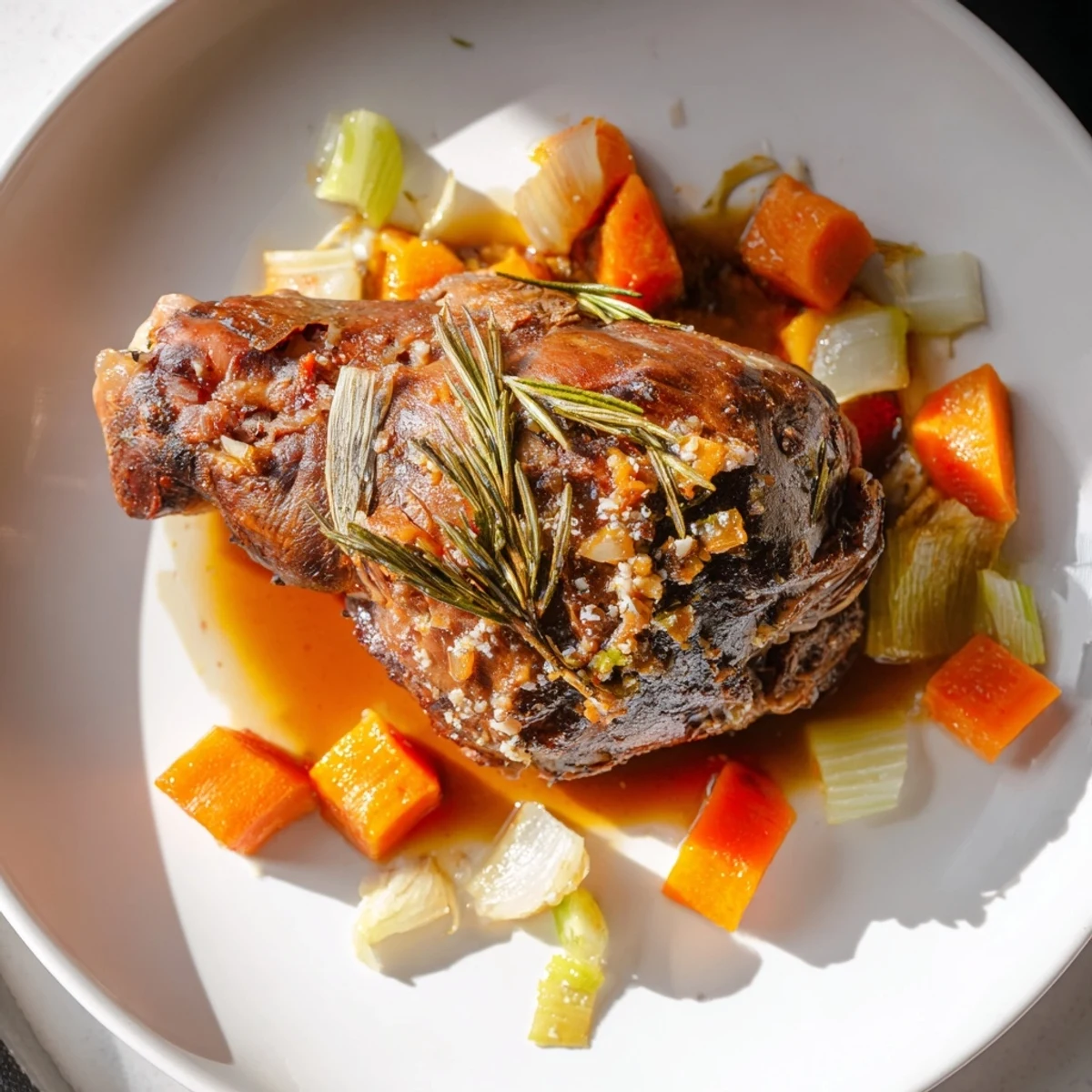Slow-Roasted Lamb Shanks, falling-off-the-bone tender, are served with rich savory sauce and vegetables.