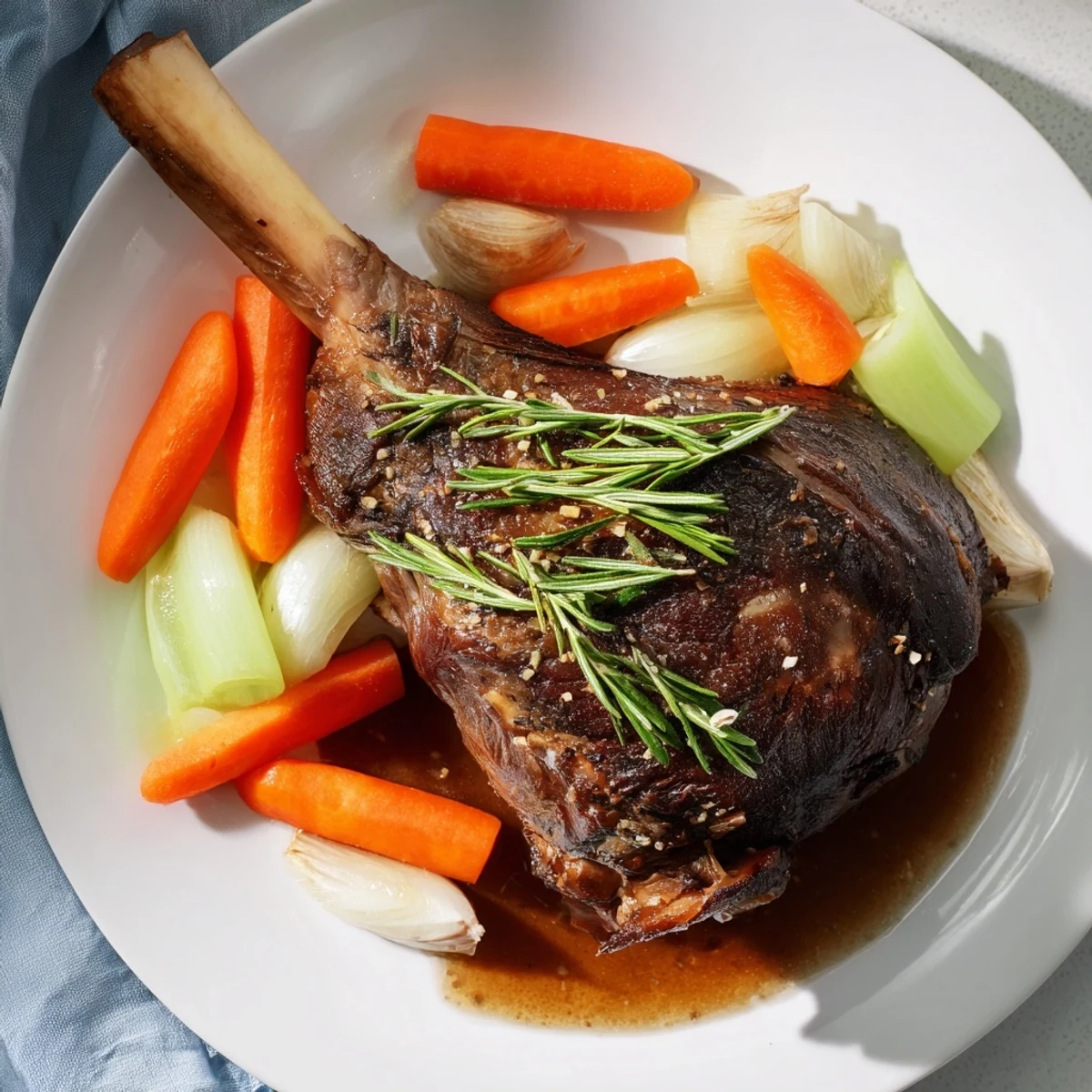 Golden-brown Slow-Roasted Lamb Shanks, ready to enjoy, sit atop creamy mashed potatoes in this tempting photo.