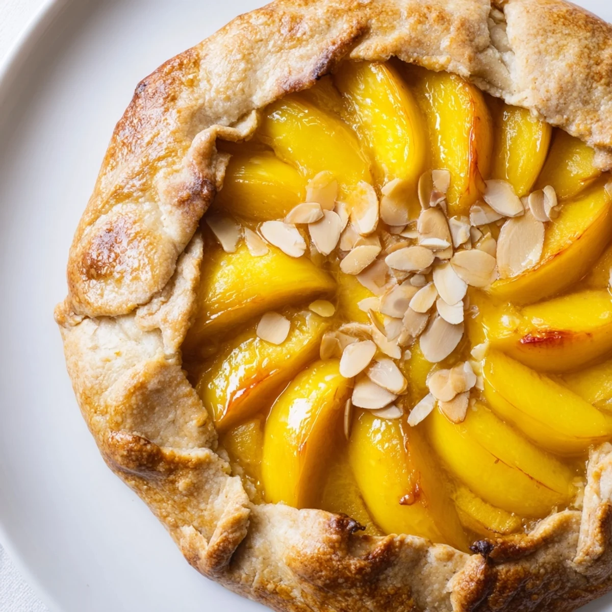 Rustic Peach and Almond Tart with golden crust, showing juicy peaches baked to perfection.