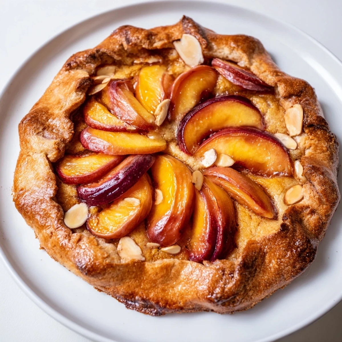 A beautiful Rustic Peach and Almond Tart with bubbling peaches and a delightful, sweet aroma.
