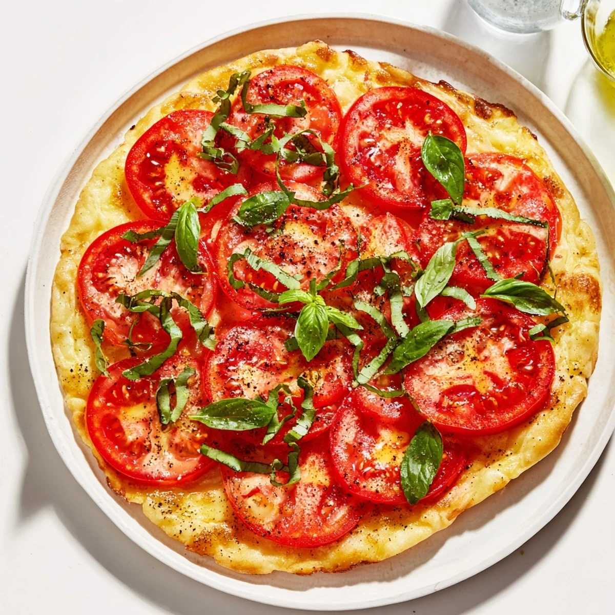 Golden, crisp homemade Tomato and Basil Flatbread, glistening with olive oil and topped with fresh basil.