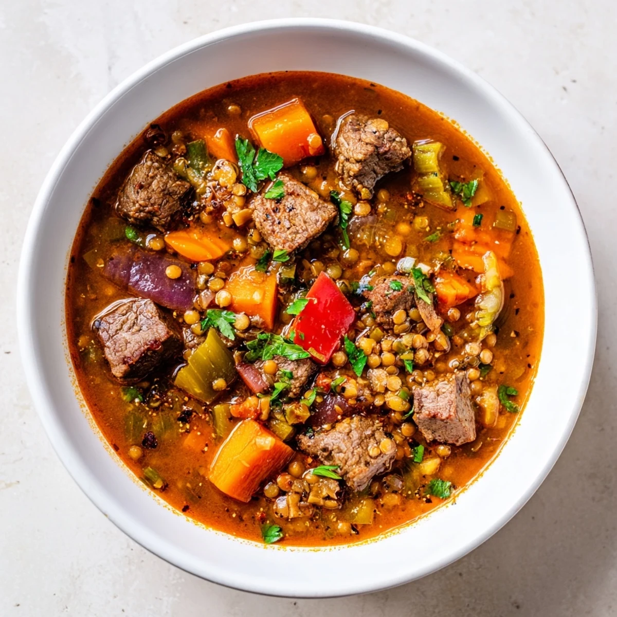 Hearty One-Pot Spicy Beef and Lentil Soup, a comforting and flavorful stew ready to enjoy.