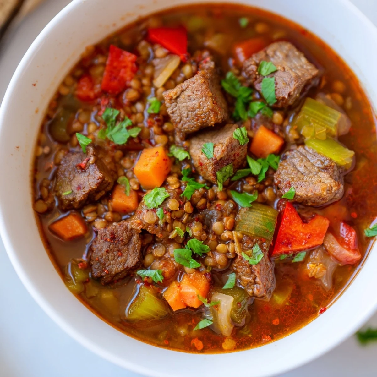 Steaming bowl of One-Pot Spicy Beef and Lentil Soup, garnished with vibrant green cilantro and lemon.