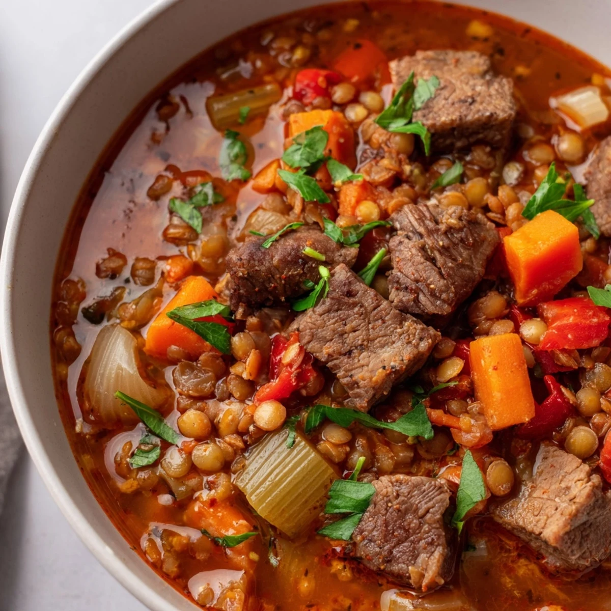 Close-up of a richly textured One-Pot Spicy Beef and Lentil Soup, perfect for a chilly evening.