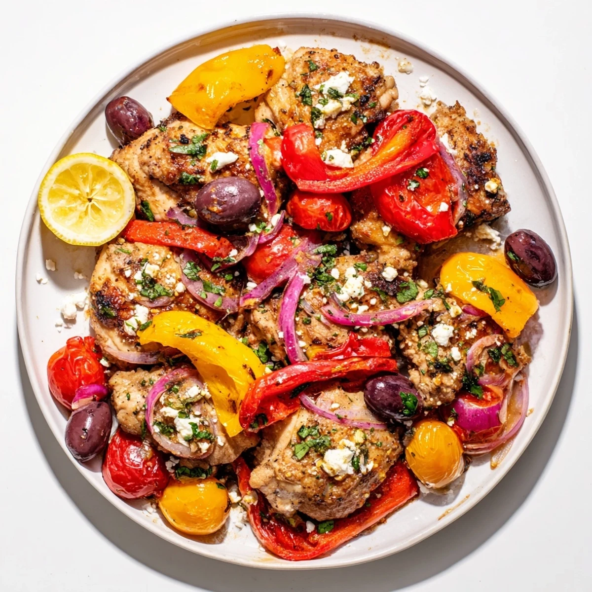 Easy Sheet Pan Greek Chicken with bell peppers sizzling on a sheet pan, ready to serve, with crumbled feta.