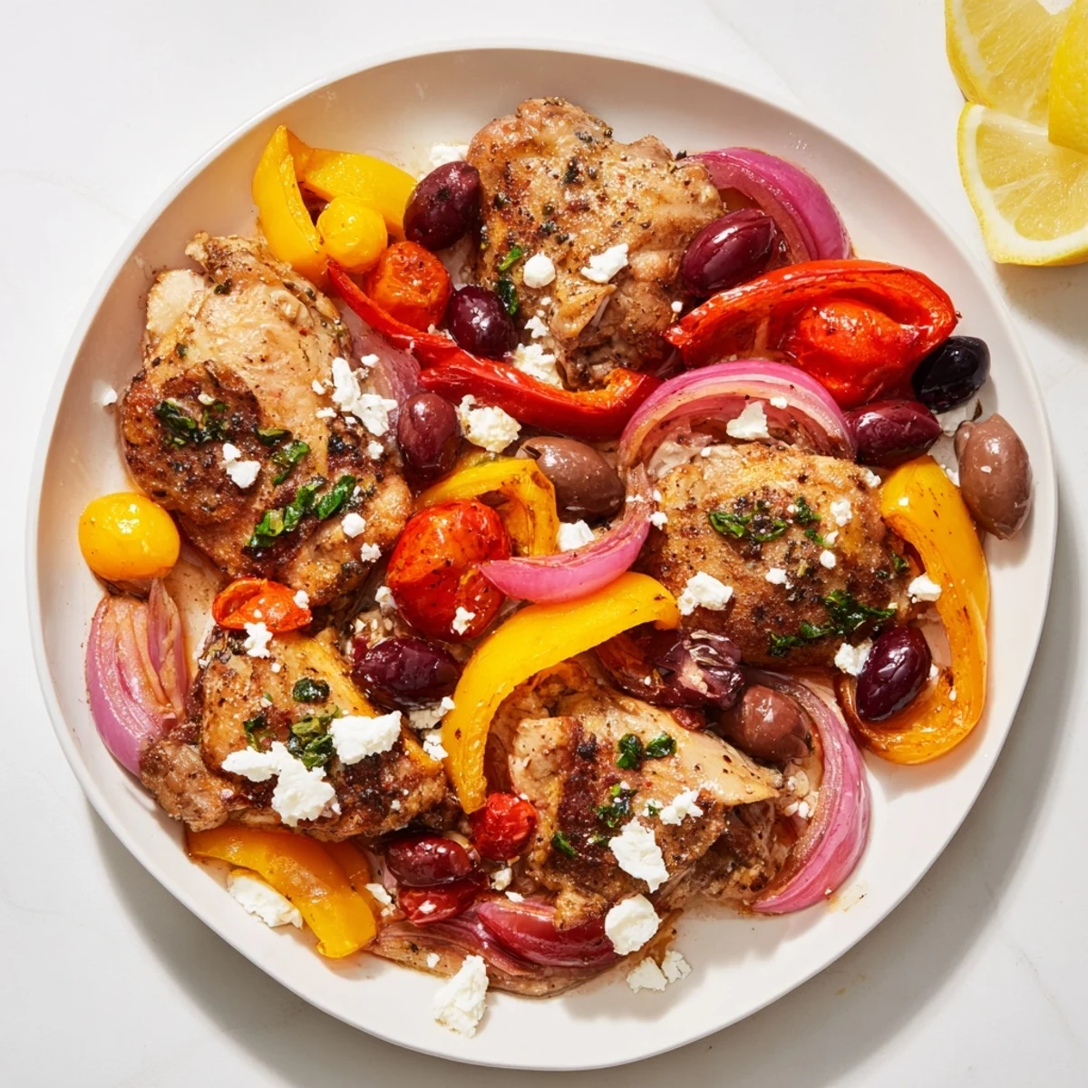 Golden-brown Easy Sheet Pan Greek Chicken, served with vibrant roasted vegetables and a sprinkle of fresh parsley.