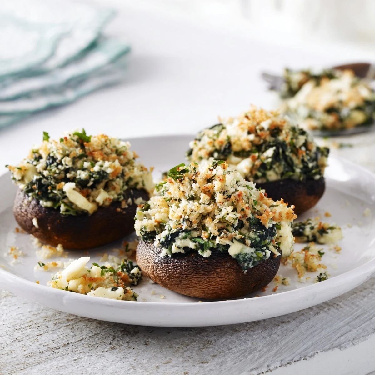 Baked Creamy Spinach and Artichoke Stuffed Mushrooms, with bubbly cheese topping, offer a savory bite.