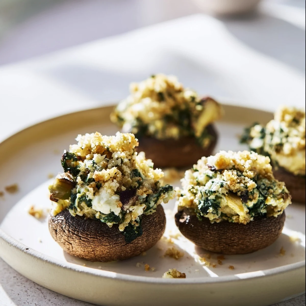 Close-up on cheesy and flavorful Creamy Spinach and Artichoke Stuffed Mushrooms from a party spread.