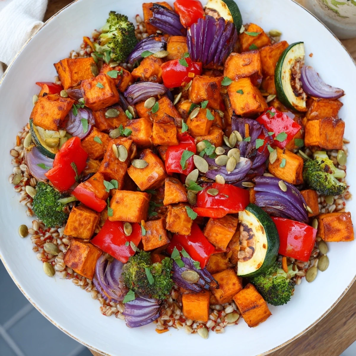 Hearty Roasted Vegetable and Farro Grain Bowl, featuring vibrant roasted veggies over fluffy farro.