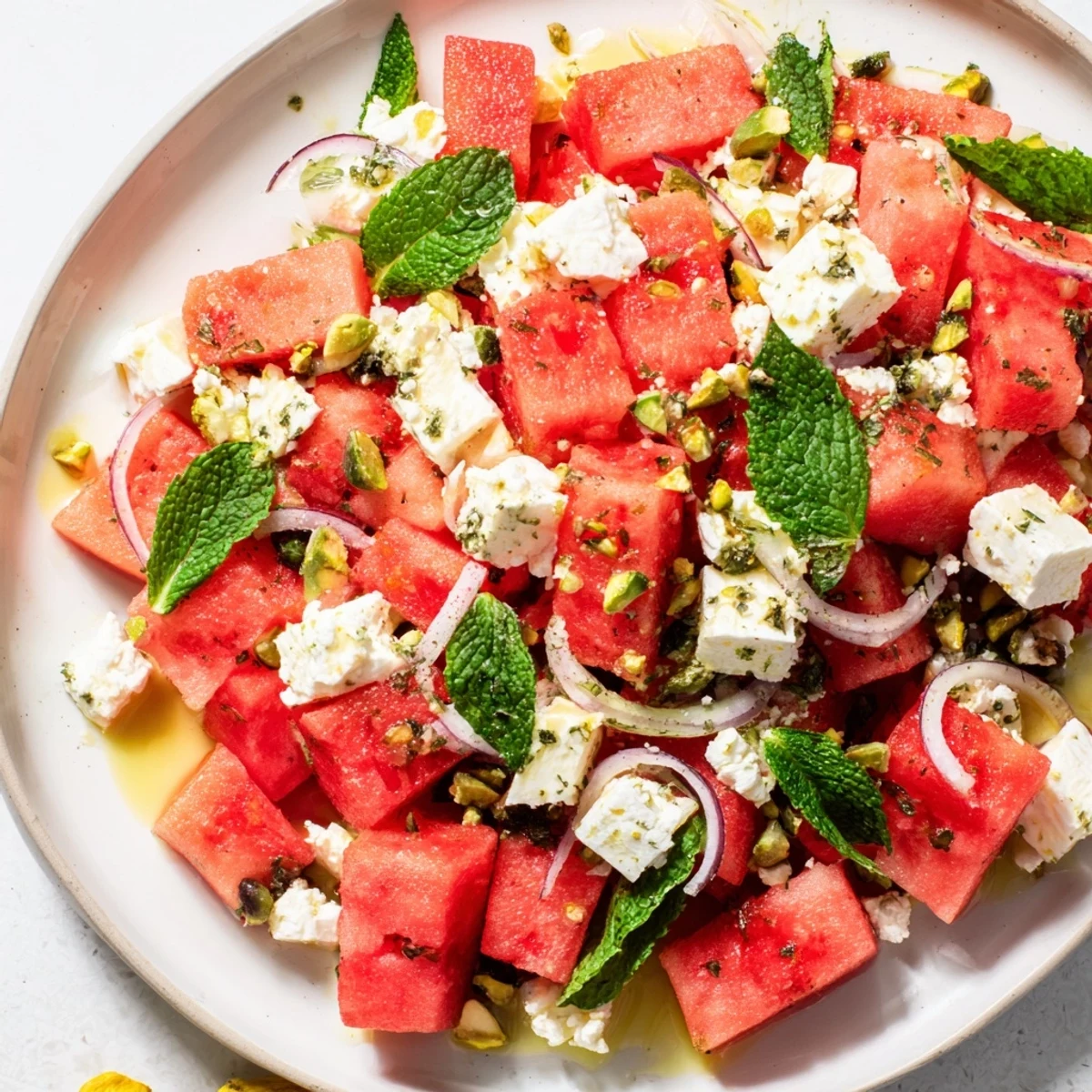 A colorful bowl of Fresh Watermelon and Feta Salad, showcasing juicy watermelon and crumbled feta with mint.