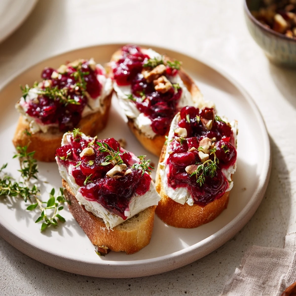 Golden, toasted Festive Holiday Cranberry and Brie Crostini topped with vibrant cranberry sauce and melted Brie.