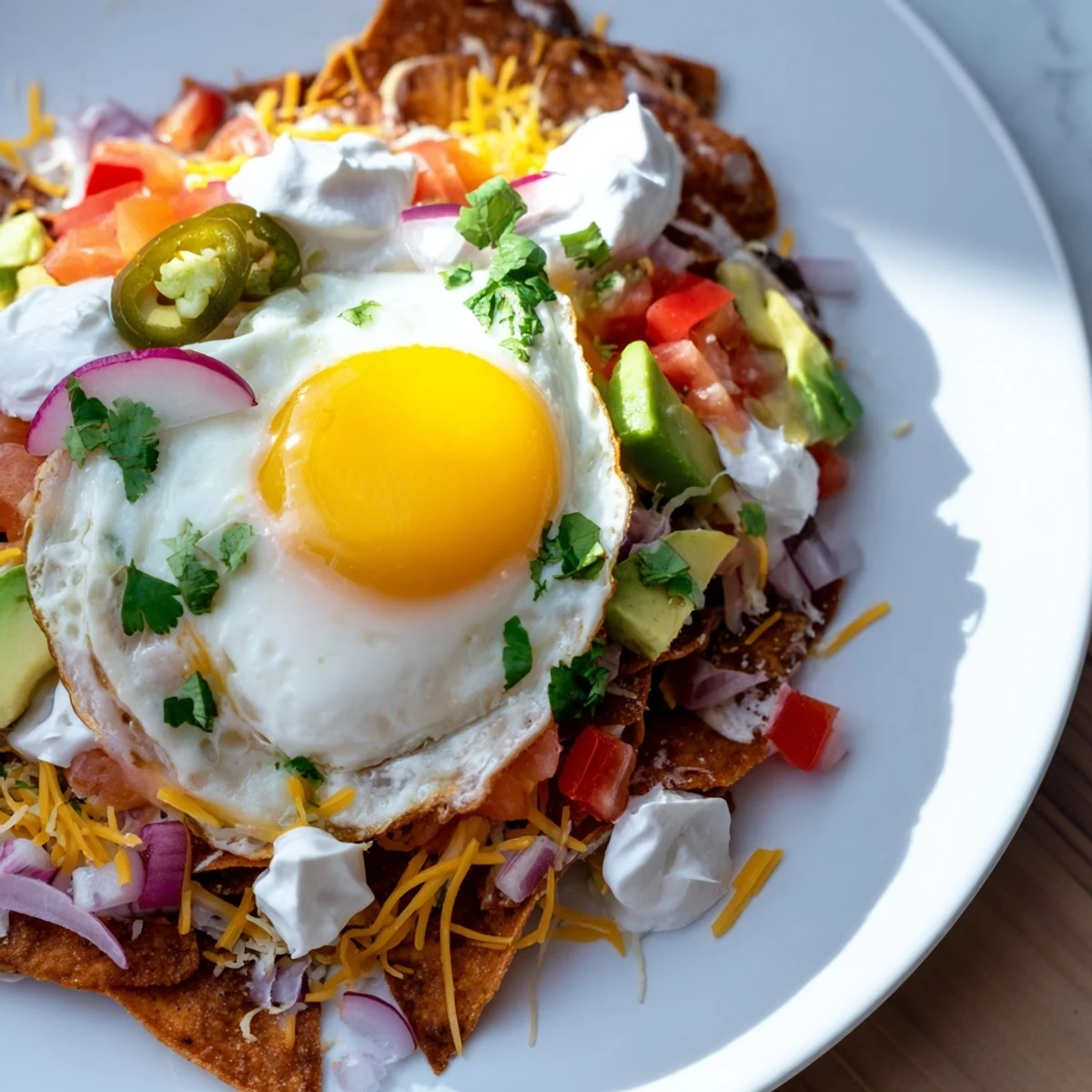 Golden-yolked eggs crown the loaded Egg-Topped Breakfast Nachos, a Tex-Mex delight with melted cheese.
