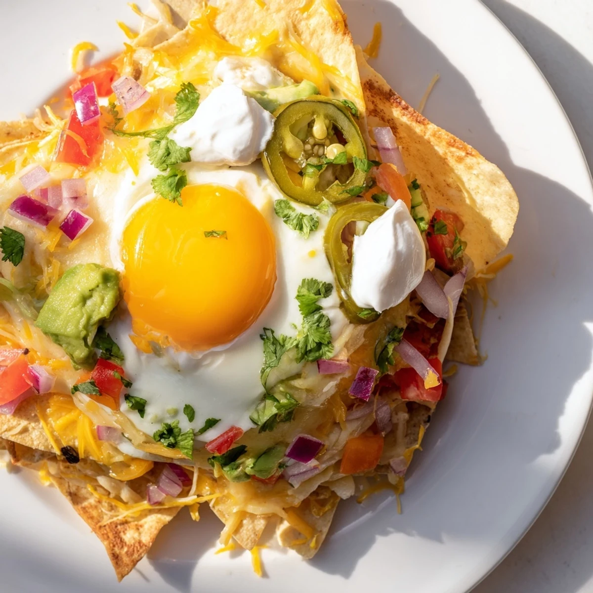 Imagine warm and crispy Egg-Topped Breakfast Nachos, a symphony of flavors and textures, ready to enjoy.