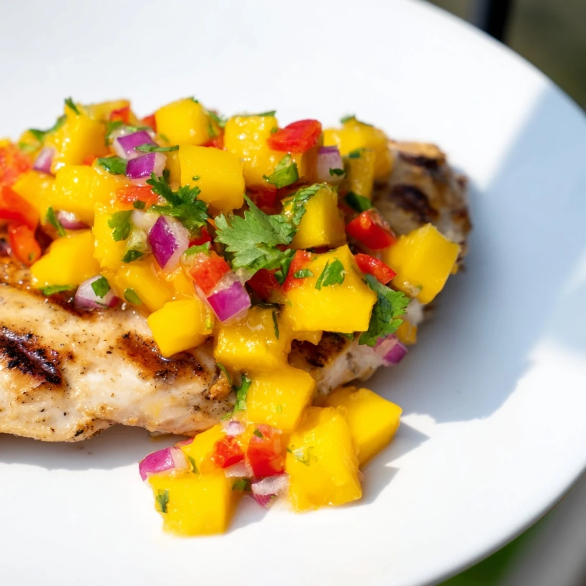 Freshly grilled Mango Salsa Chicken topped with a sweet and spicy mango salsa, ready to serve.