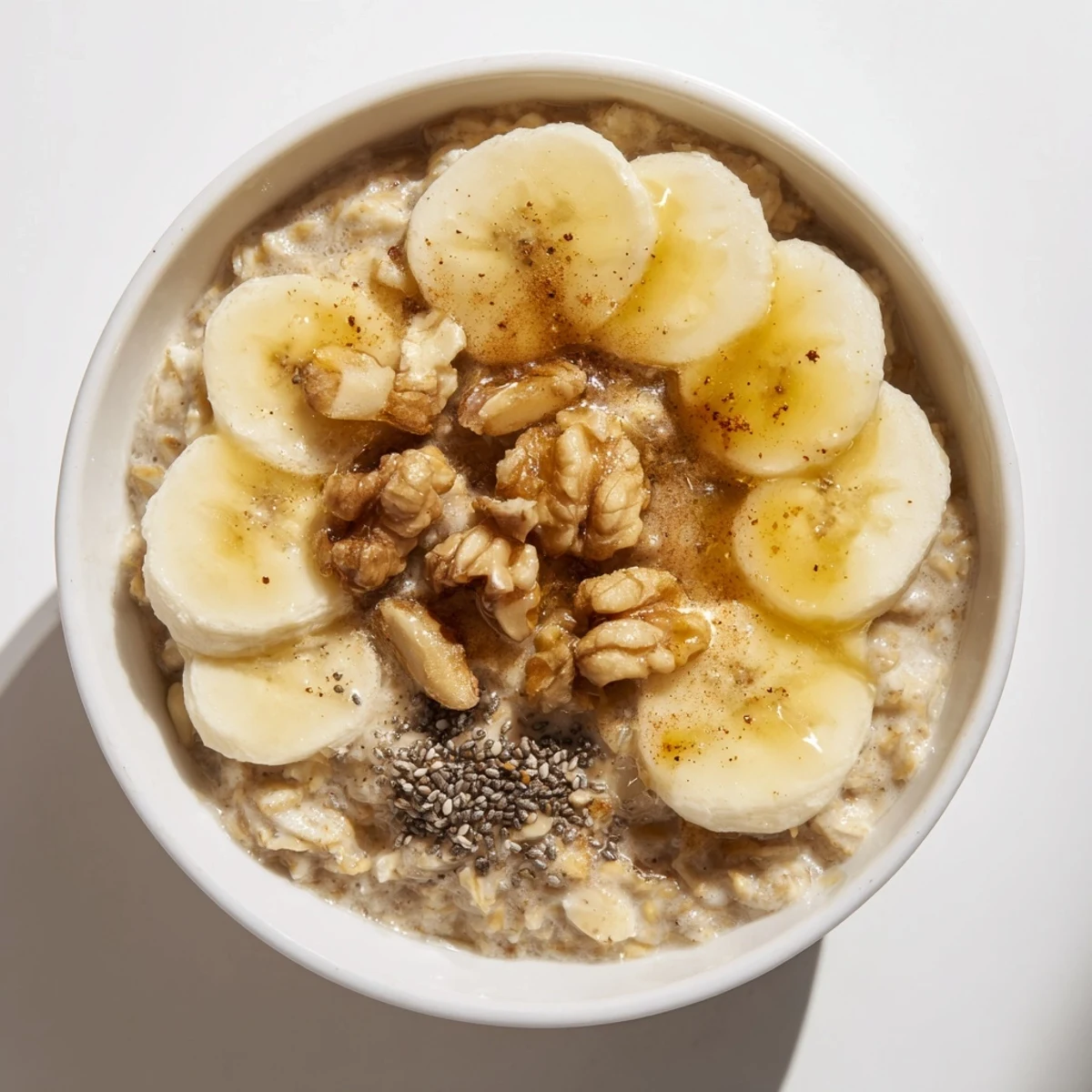 Warm and comforting microwave banana oats, perfectly portioned, topped with fresh banana slices.