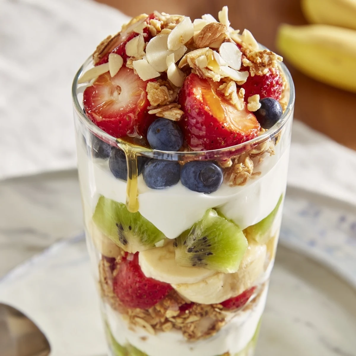 Vibrant layered fruit parfait, showing creamy yogurt and ripe berries, perfect for a healthy breakfast.