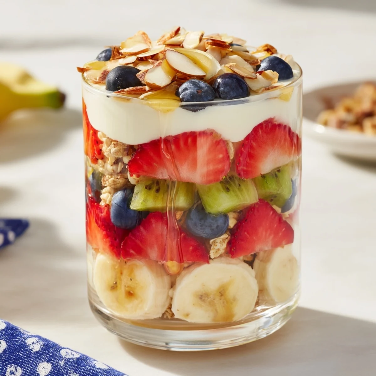 Freshly assembled layered yogurt fruit parfait, with colorful fruit and crunchy granola, ready to eat.