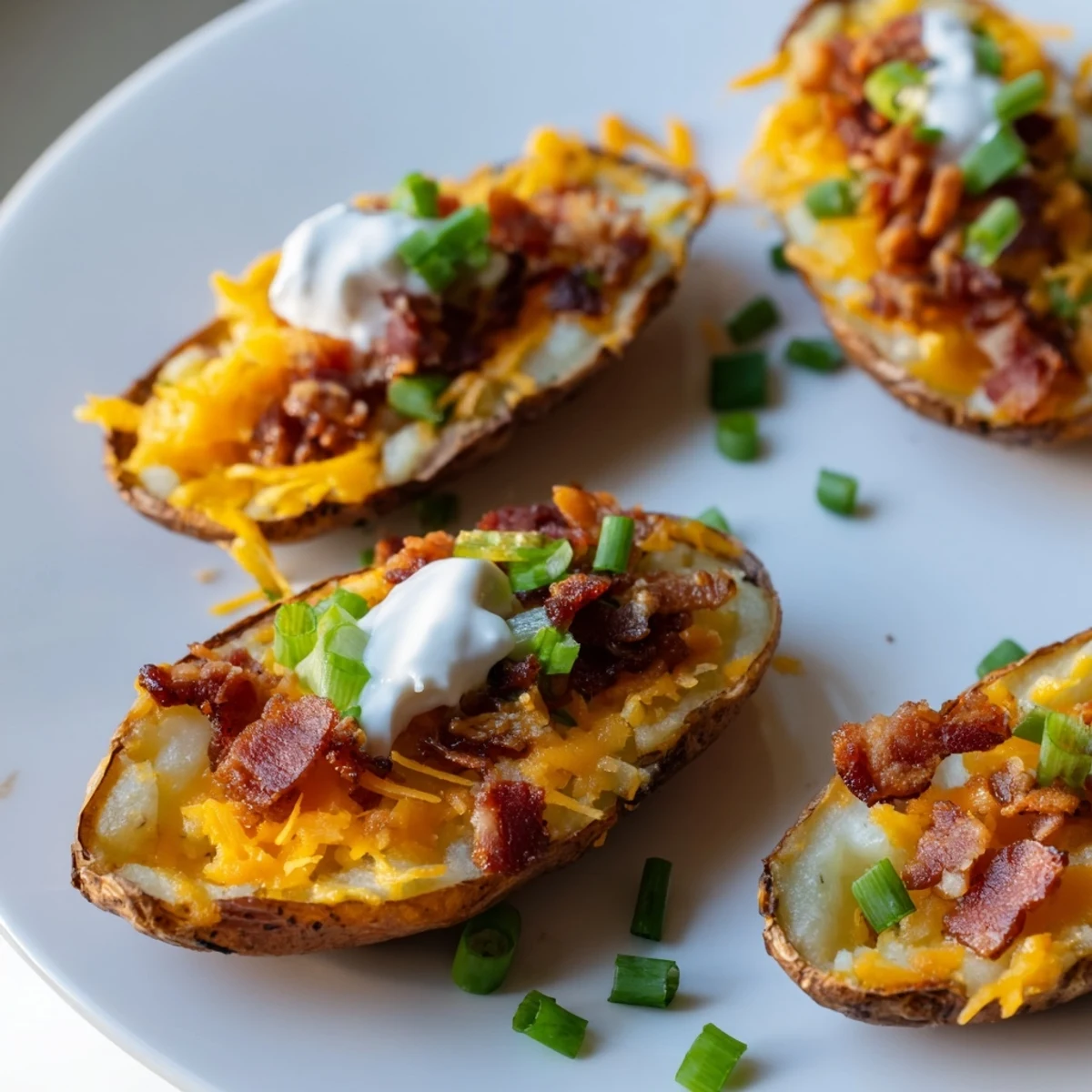 A close-up of delicious Loaded Baked Potato Skins, ready to be devoured as a savory appetizer.