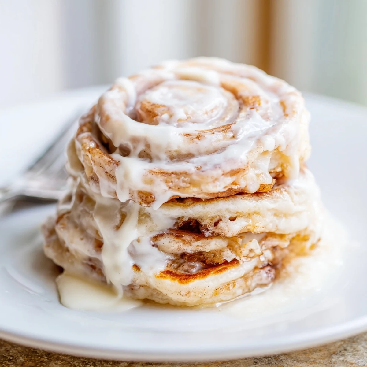 Stack of delectable Cinnamon Roll Pancakes, drizzled with sweet icing, beckoning you for a taste.