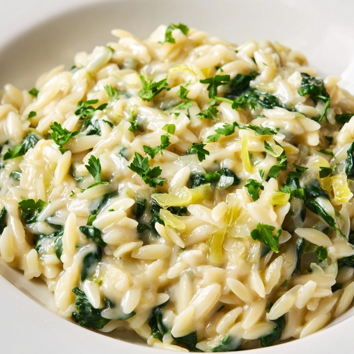 A bubbling pot of one-pot creamy orzo, with spinach and Parmesan cheese, waiting to be served.