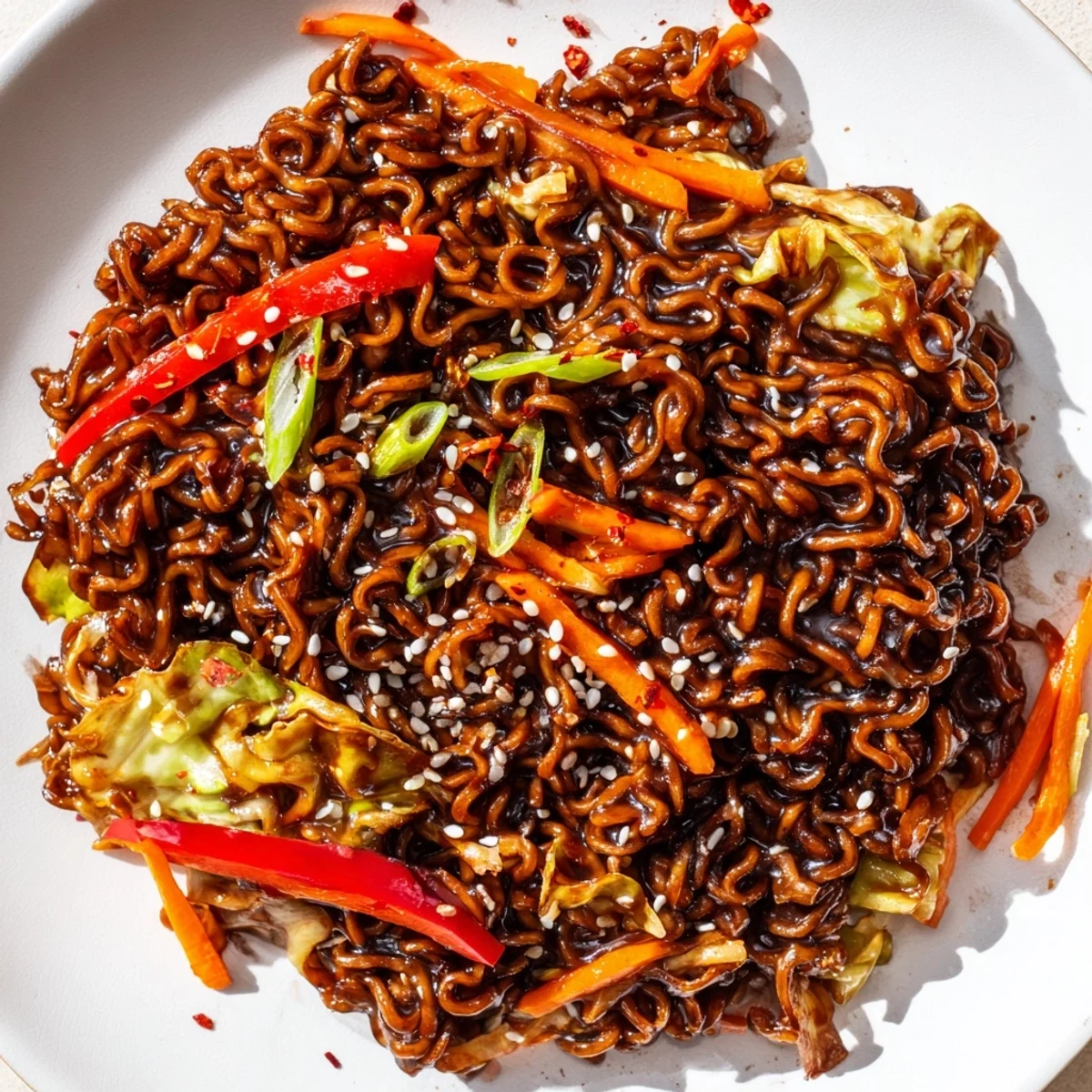 Steaming bowl of spicy ramen stir fry, a visually appealing blend of colors and textures.