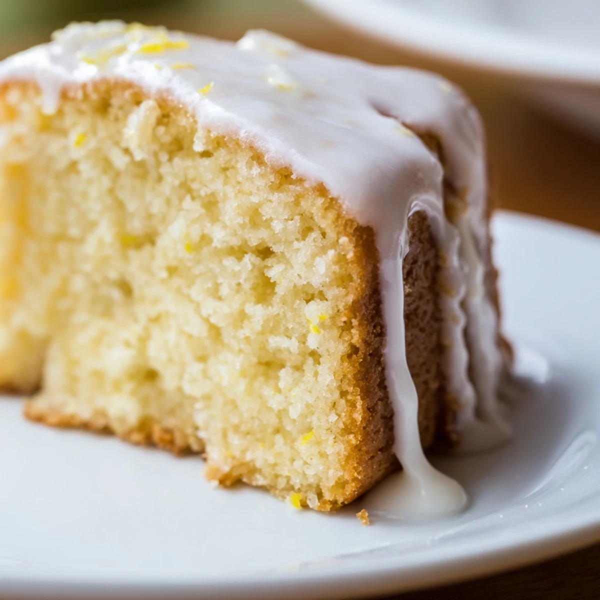 A slice of moist Lemon Yogurt Cake drizzled with glaze, perfect for a cozy afternoon treat.