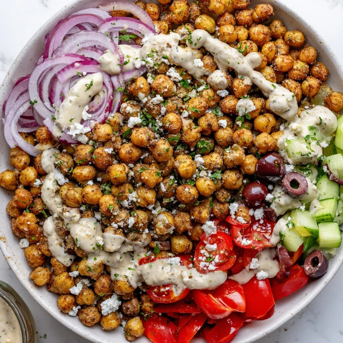 Enjoy this flavorful Mediterranean Chickpea Bowl, a satisfying vegan meal with tahini drizzled throughout.