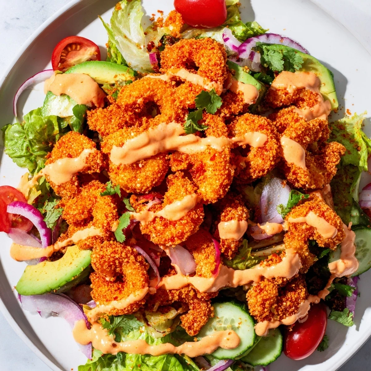 Golden-brown, crispy Spicy Crispy Shrimp Salad sits atop a bed of fresh, green lettuce; a delightful fusion.