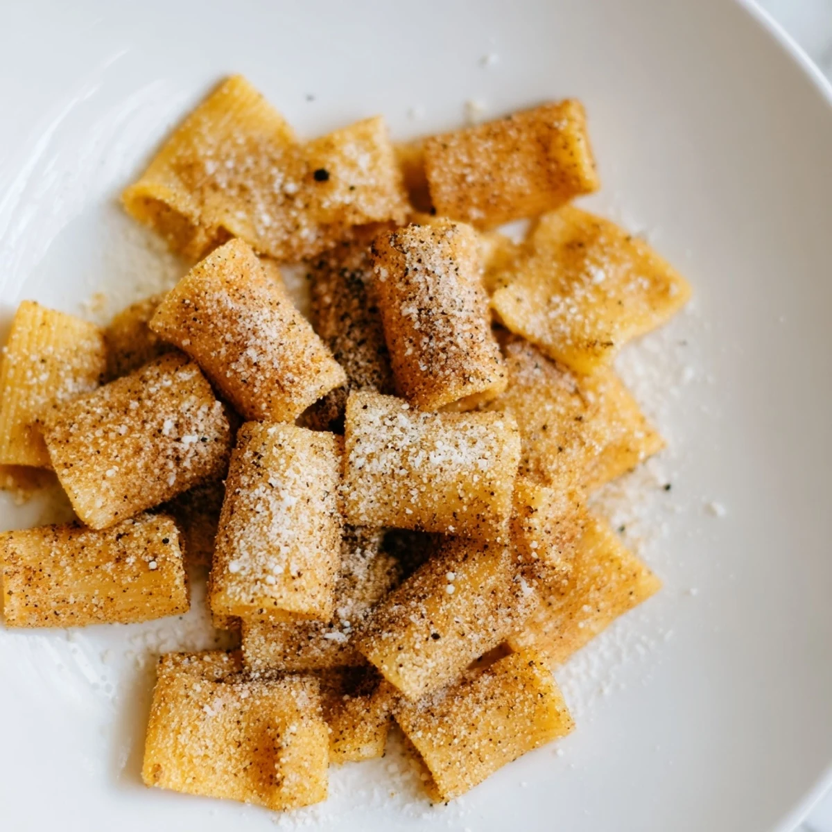 Air-fried pasta chips, a crunchy snack with Italian seasonings and bubbling golden edges, ready to eat.