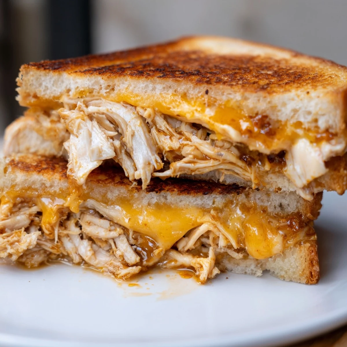 Golden brown Chili Crisp Honey Chicken Grilled Cheese, perfectly melted cheese oozing from toasted sourdough.