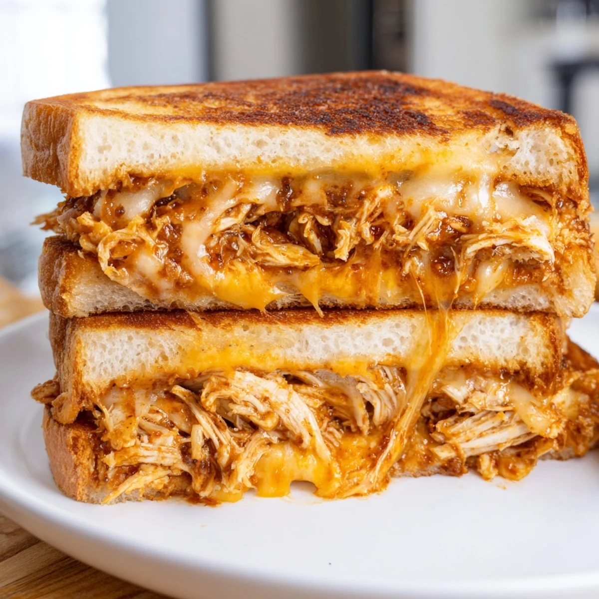 Savory Chili Crisp Honey Chicken Grilled Cheese, with crispy bread and spicy, sticky chicken filling.