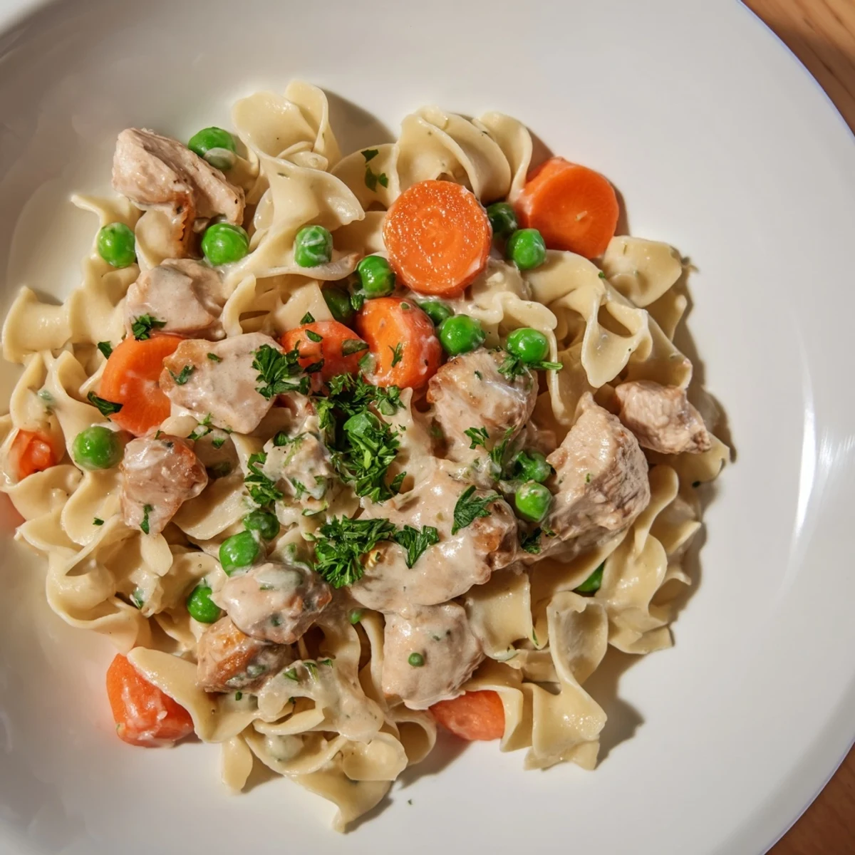 A close-up of creamy chicken and egg noodles, a comforting home-cooked meal with herbs.