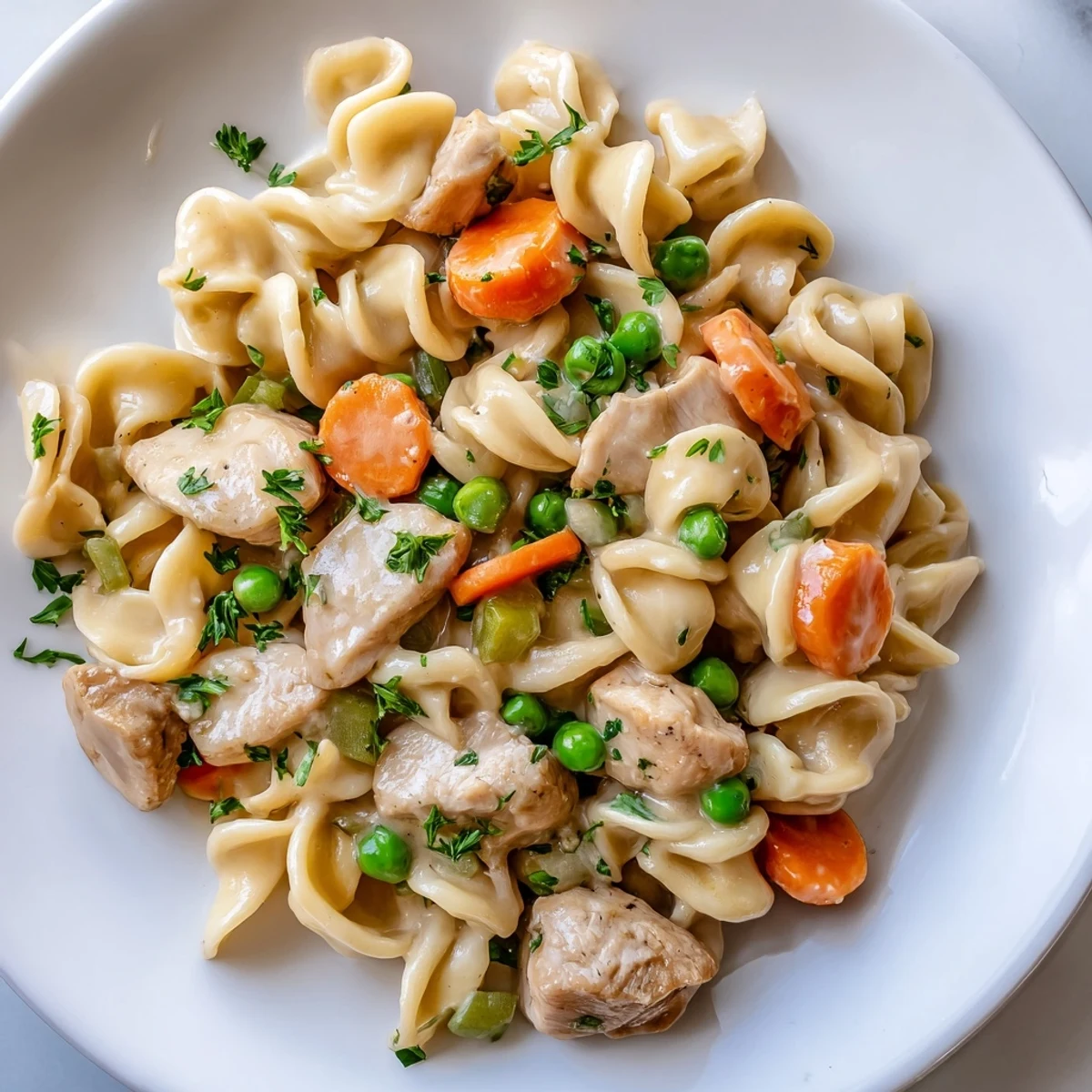 Golden, savory creamy chicken and egg noodles, served in a bowl, perfect for a cozy dinner.