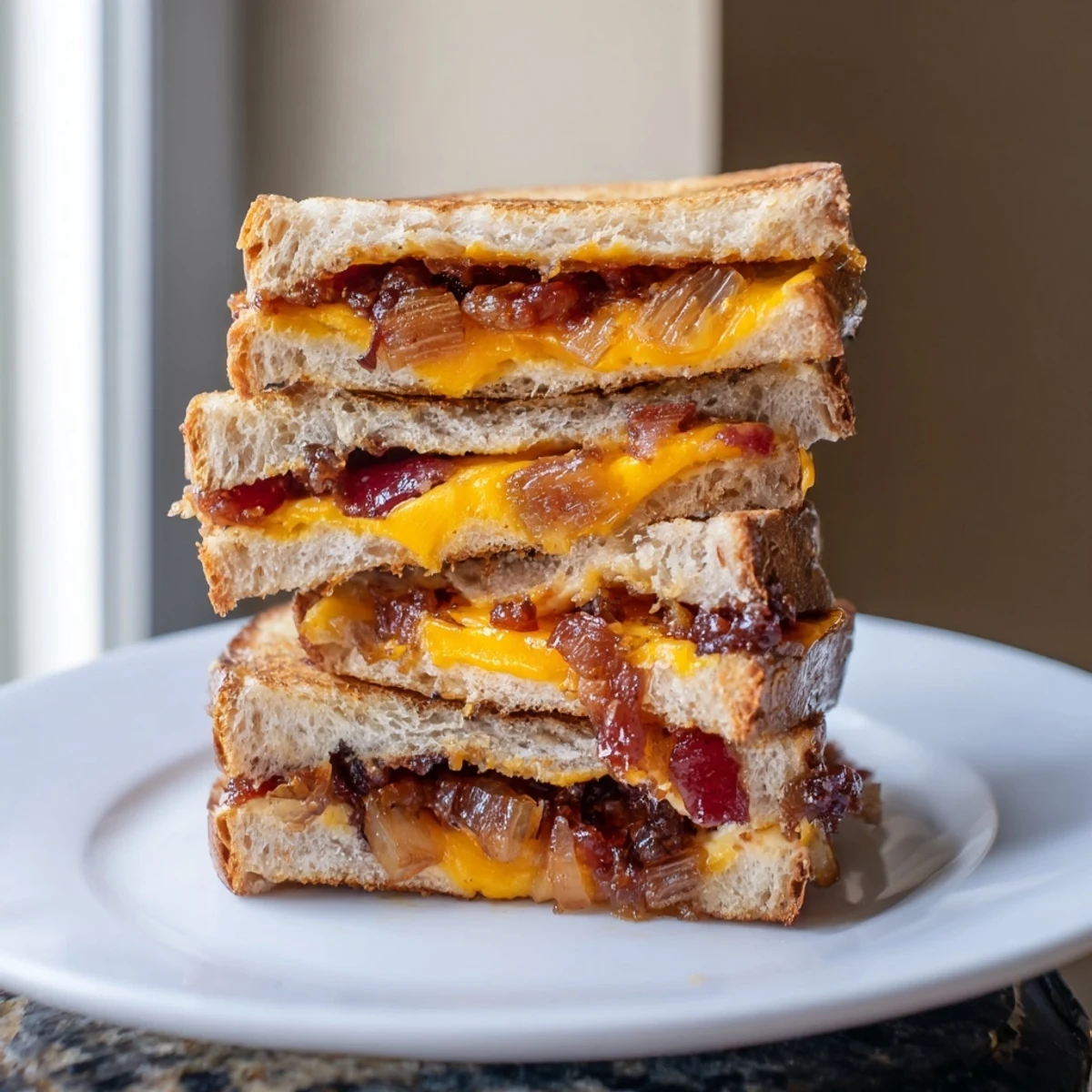 Golden, gooey Bacon Jam Grilled Cheese melting with rich cheddar and Gruyère on toasted bread.