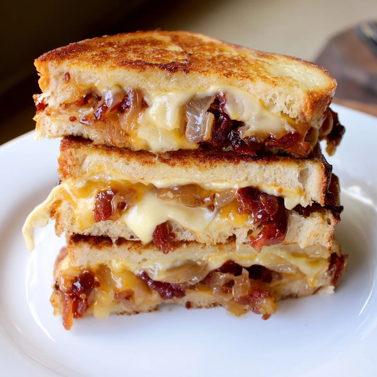 Crispy bacon jam oozing between buttery layers of a decadent Bacon Jam Grilled Cheese.