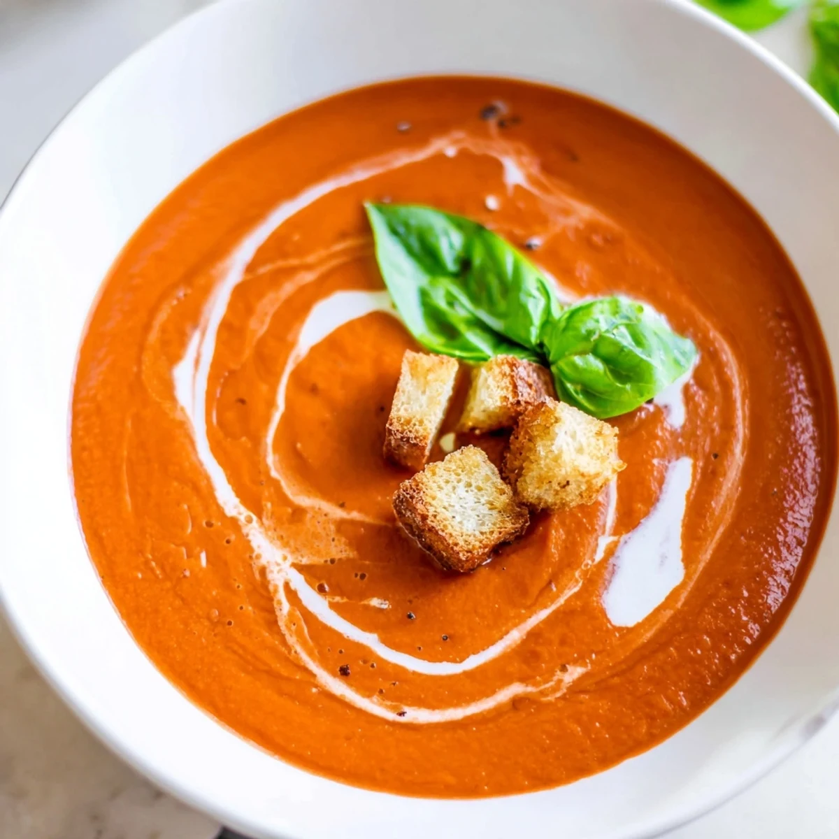 Steaming bowl of creamy roasted garlic tomato soup, perfectly garnished with fresh basil.