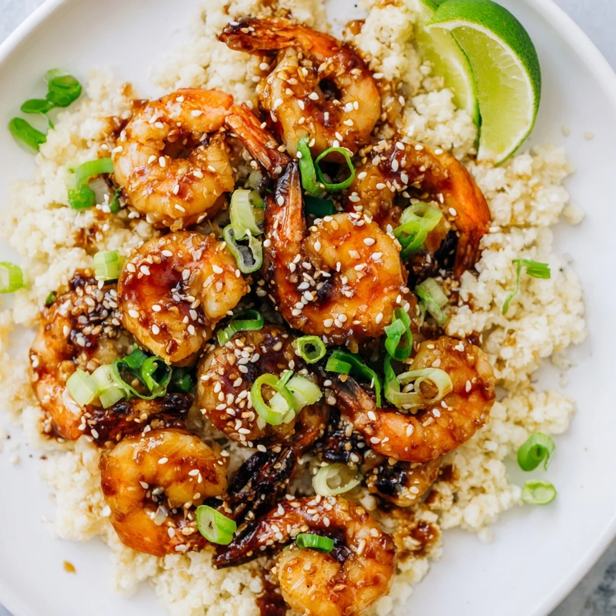 Steaming ginger garlic shrimp bowls displayed, with vibrant shrimp and soy sauce over cauliflower rice.